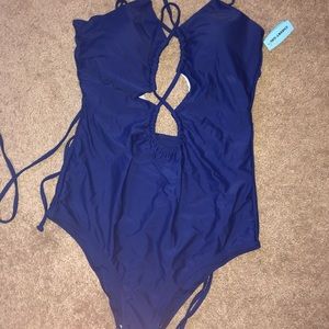 Strappy blue one piece bathing suit